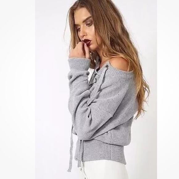 Urban Outfitters Lioness Gray Chunky Lace Up Knit Long Sleeve Sweater‎ Sz S - Picture 2 of 11